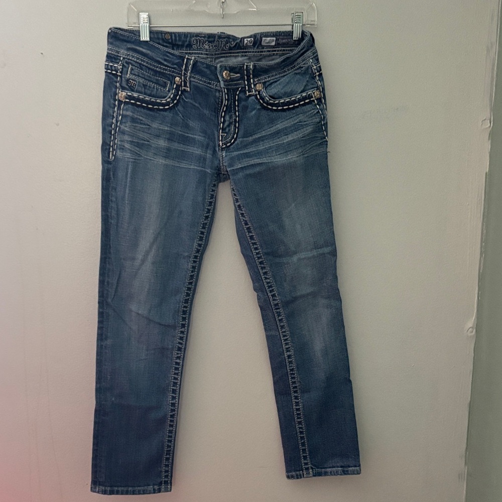 Miss Me Blue Straight Leg Jeans with Embellished Pockets